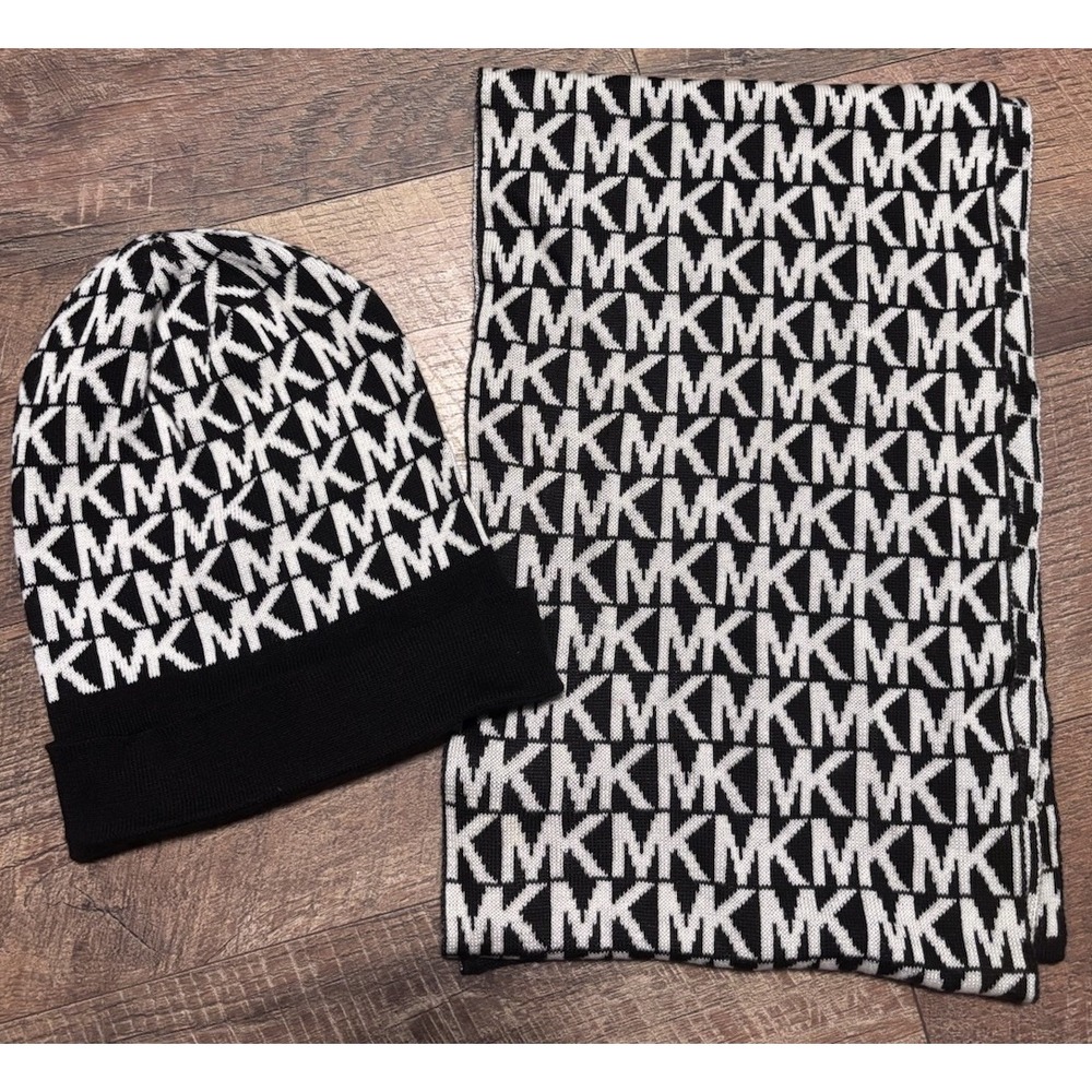 Women's Michael Kors Logo 2-Piece Beanie and Scarf Box Set (Black)